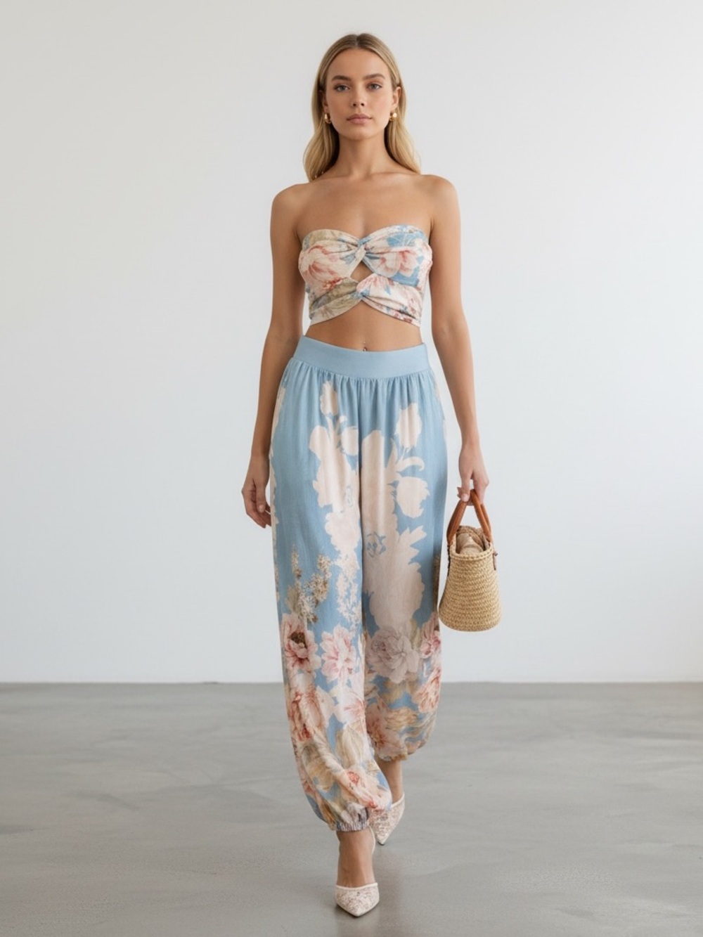 1524 • Sky Blue Floral Rayon Blend Balloon Pant & Smock-Back Bandeau Top Set
